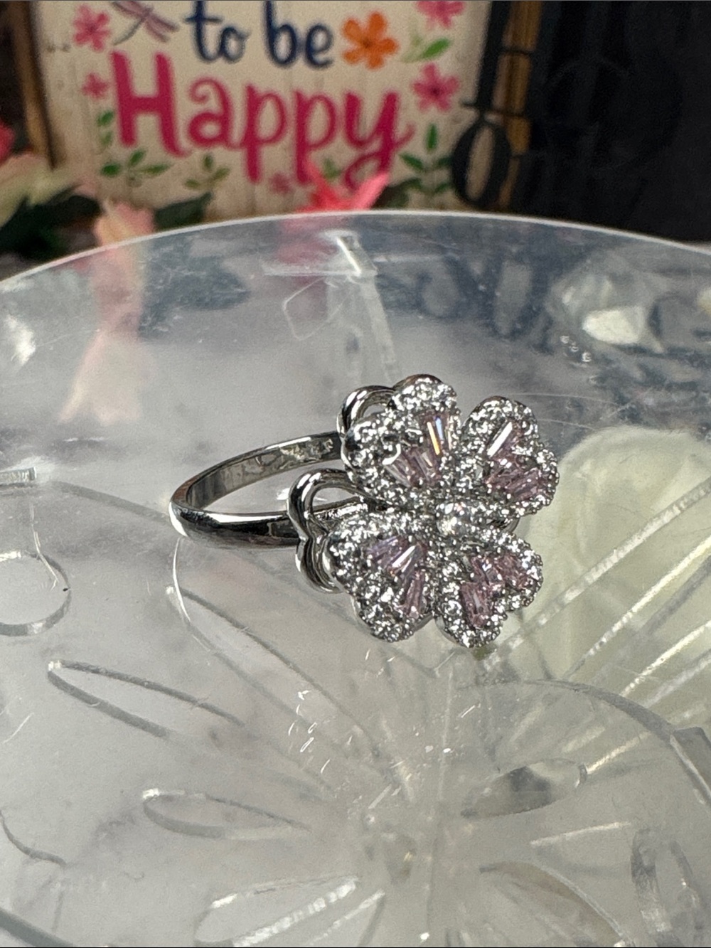Sterling Silver Pink Clover Flower Ring